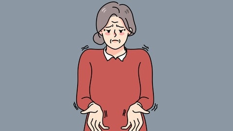 Die Illustration zeigt eine alte Frau, die an Parkinson erkrankt ist, mit zitternden Händen. Symbolbild.