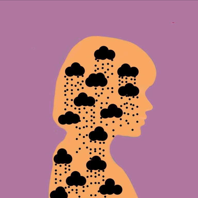 Das Bild zeigt die Silhouette einer Frau mit Regenwolken gefüllt. Symbolbild.