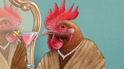 Cartoon: vermenschlichtes Huhn in Pelzmantel steht vor einem Spiegel. Selbsterkennung sieht bei Tieren anders aus.