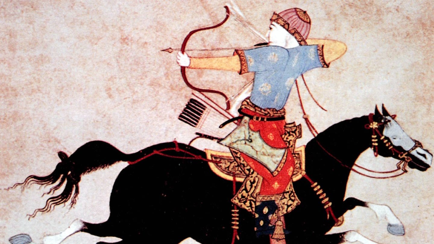 Historische Abbildung eines beritteten Bogenschützens der Skythen, der zum Schießen ansetzt. Der Köcher des Krieger-Reiters war möglicher auch mit Leder aus Menschenhaut bezogen. (Foto: IMAGO, UIG)