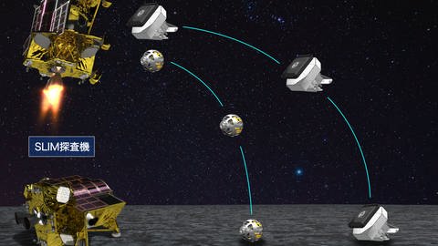 Vor der Landung auf dem Mond wirft die Raumsonde SLIM zwei Module ab: Eine Robotersonde (LEV-1) und einen ballförmigen Rover (LEV-2).