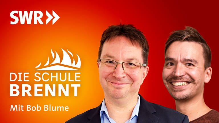 Michael Blume und Bob Blume auf dem Podcast-Cover von "Die Schule brennt – der Bildungspodcast mit Bob Blume" (Foto: SWR, Michael Blume / Niko Neithardt / SWR)
