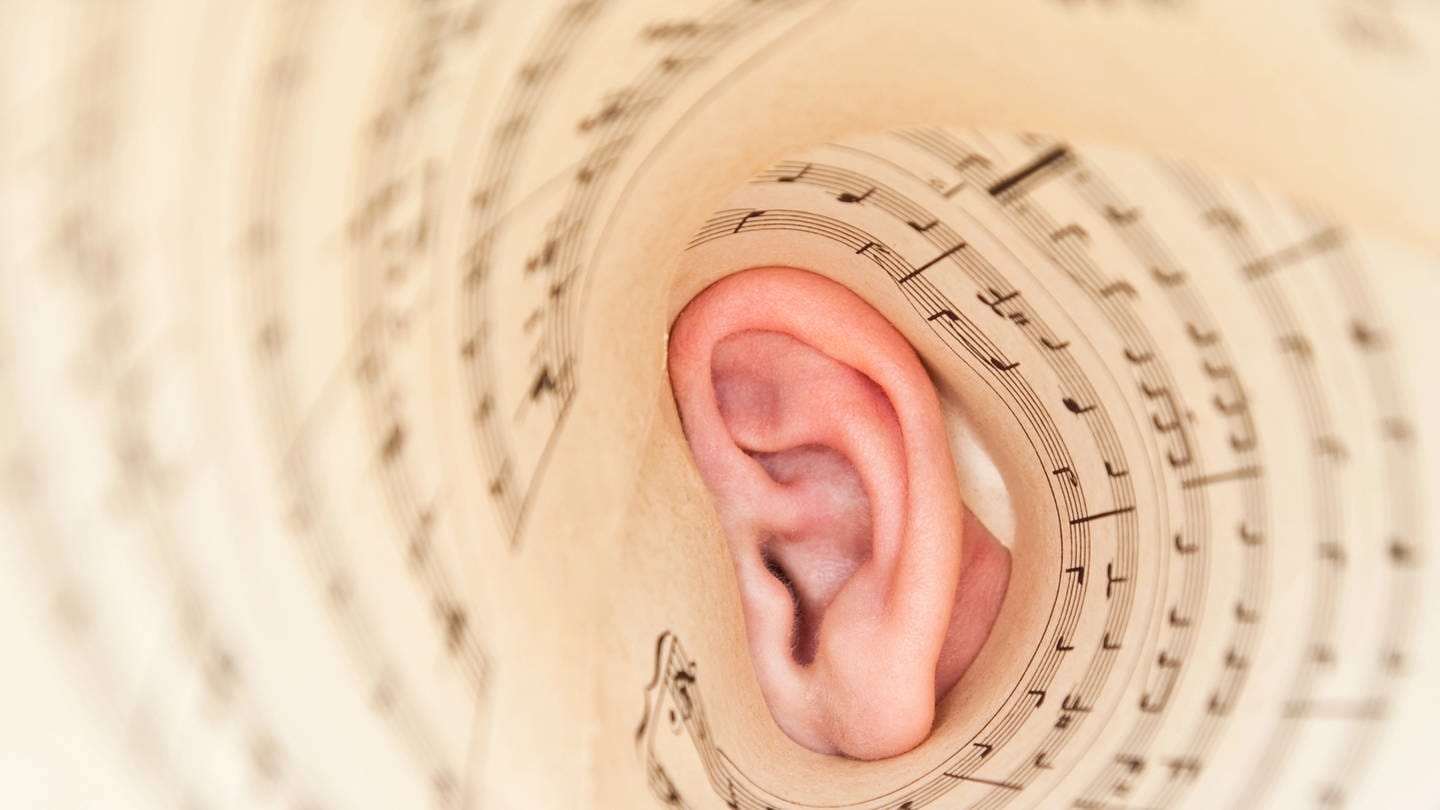 Ohr und darum Notenblätter, tags: Absolutes Gehör, Musikalität (Foto: IMAGO, Depositphotos)