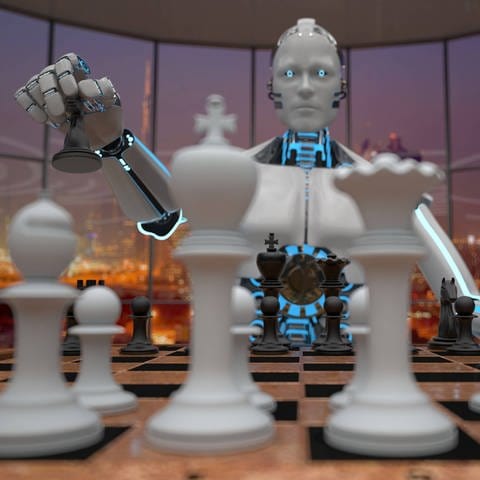 Die Innovationen im Forschungsfeld der KI überschlagen sich zurzeit. Zahlreiche Forscher warnen daher, dass eine Super-KI, die den Menschen übertreffen könnte, gefährlich sein könnte | Ein Roboter spielt Schach (Foto: IMAGO, Shotshop)