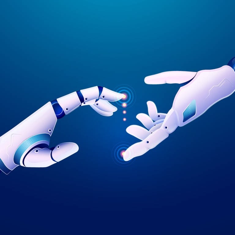 Zwei Roboterhände symboliseren die Chancen und Risiken von KI