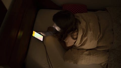 Frau liegt mit Handy im Bett, tags: innere Uhr, Bildschirmnutzung, Schlafenzeit (Foto: IMAGO, photothek)