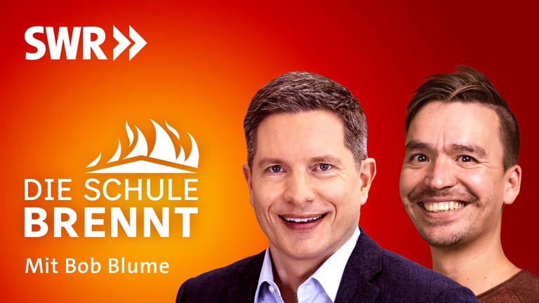 Frank Bräutigam und Bob Blume auf dem Podcast-Cover von "Die Schule brennt – der Bildungspodcast mit Bob Blume"