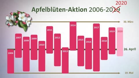 Balkendiagramm der Hauptblühzeit der Apfelbäume in Deutschland in den Jahren 2006 bis 2020 (Foto: SWR)