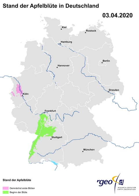 Landkarte der Apfelblüte in Deutschland am 3. April 2020 (Foto: SWR)