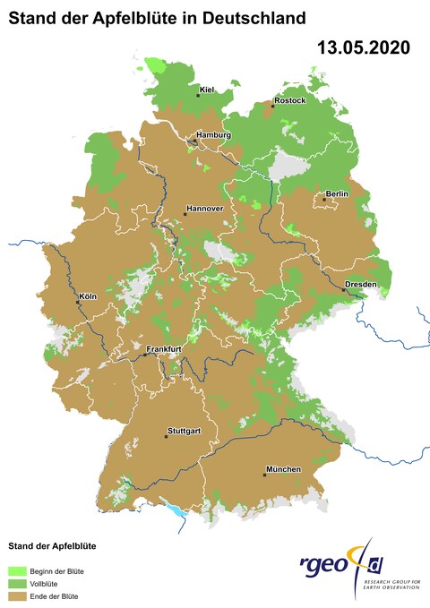 Landkarte der Ausbreitung der Apfelblüte in Deutschland am 13. Mai 2020 (Foto: SWR)