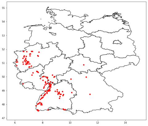 12. April 2022: Karte der durch unseren "Superbaum-Algorithmus" ausgewählten Apfelbäume, mit deren Hilfe die Ausbreitung der Apfelblüte in Deutschland kartiert wird. (Foto: SWR)