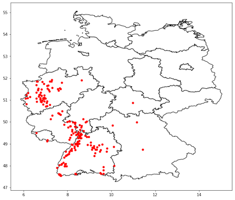 Ausbreitung der Apfelblüte am 13. April 2022, kartiert anhand der sogenannten Superbäume. (Foto: SWR)