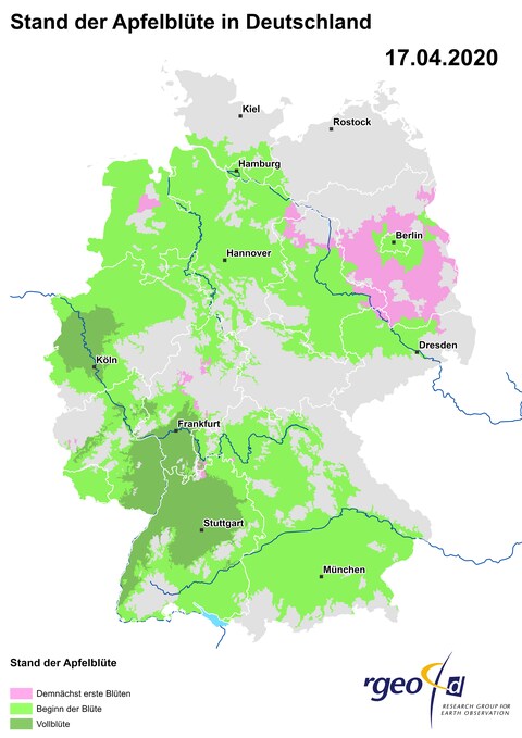 Landkarte der Ausbreitung der Apfelblüte am 17. April 2020 (Foto: SWR)