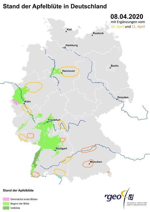 Landkarte der Apfelblüte vom 8. April mit Ergänzungen bis 11. April 2020 (Foto: SWR)