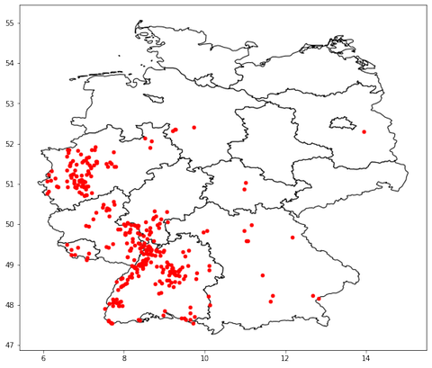Landkarte des Netzwerks der sogenannten "Superbäume" in Apfelblüten-Deutschland am 15. April 2022.