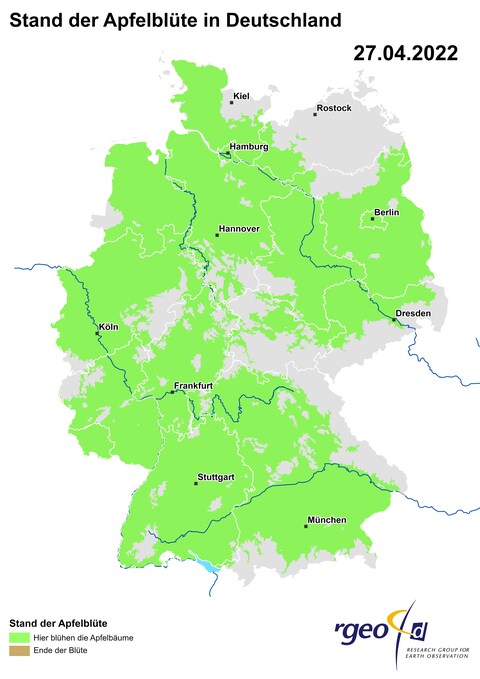 Landkarte der Ausbreitung der Apfelblüte in Deutschland am 27. April 2022 (Foto: SWR)