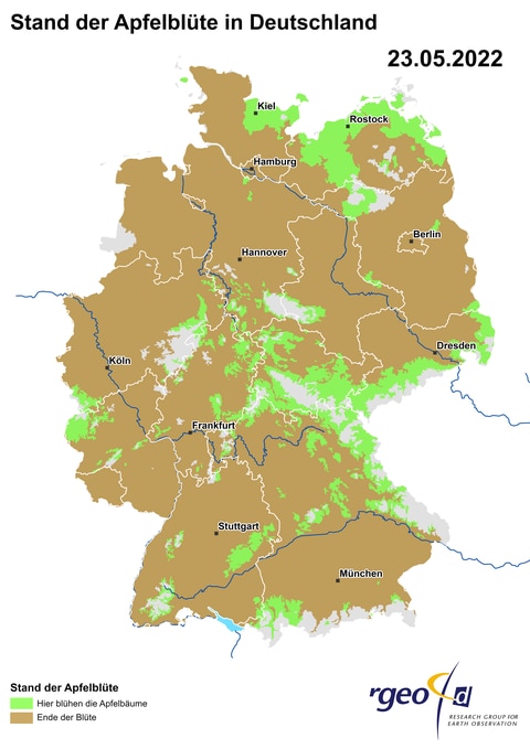 Landkarte der berechneten Ausbreitung der Apfelblüte in Deutschland am 23. Mai 2022. (Foto: SWR)