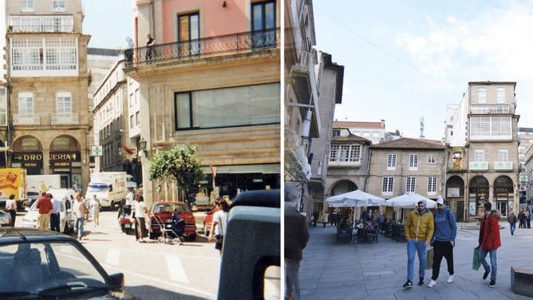 Die City der spanischen Stadt Pontevedra vor 20 Jahren voller Autos und heute autofrei (Foto: dpa Bildfunk, picture alliance/Rathaus Pontevedra/dpa)