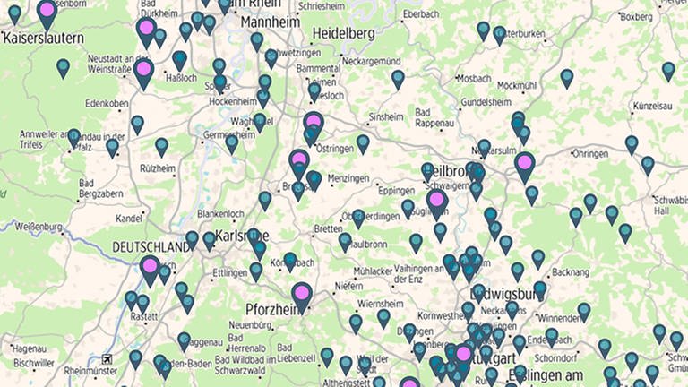 Pins der interaktiven #zuLAUT-Karte auf einer Map (Foto: SWR, Screenshot Maps4News)