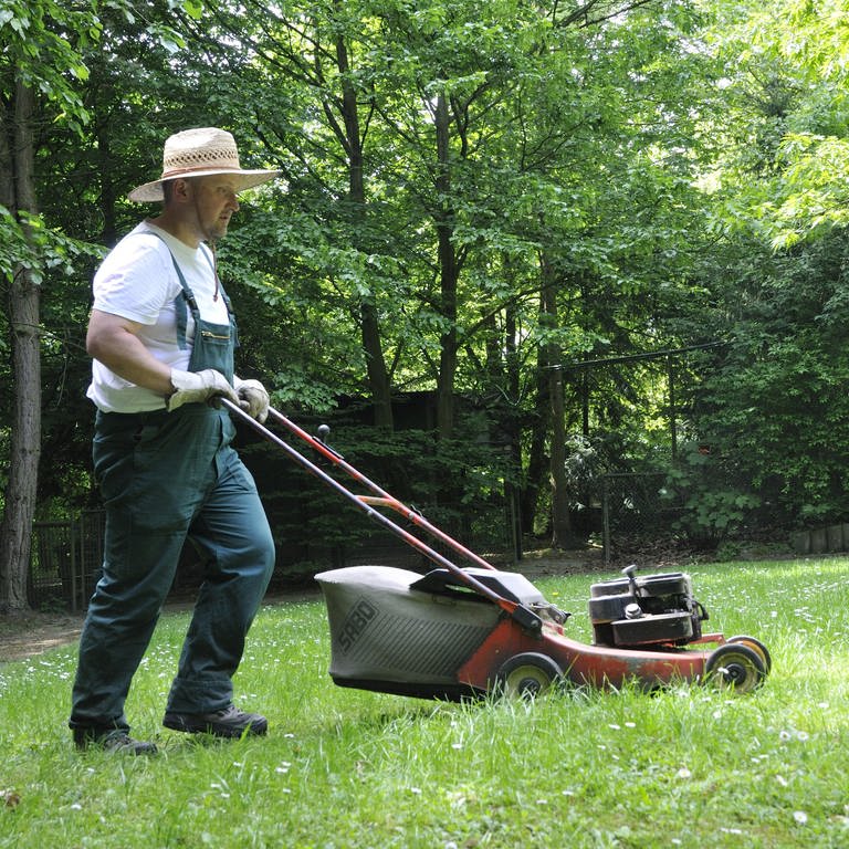 Mann im Garten mit einem Rasenmäher (Foto: picture-alliance / Reportdienste, picture alliance / blickwinkel)