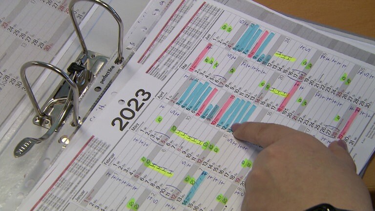 Dienstplan mit vielen verschiedenen Markierungen. (Foto: SWR) Dienstplan mit vielen verschiedenen Markierungen.