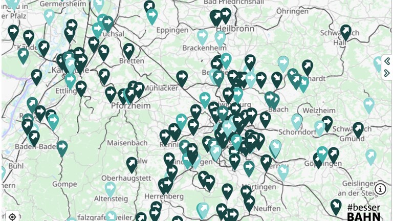 Auf einer Karte ist zu sehen, wo es in Nahverkehr hakt (Foto: SWR, Thunderforest, OpenStreetMap )
