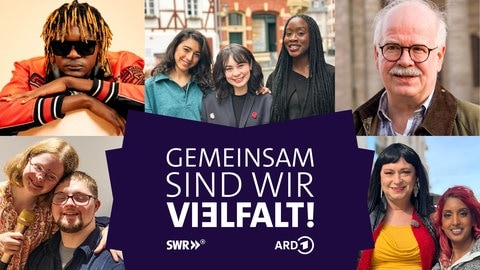 Collage zum Diversitäts-Tag, Mann mit Sonnenbrille und Dreadlocks (Foto privat), junge Frau und junger Mann in Umarmung (Foto privat), drei junge Frauen (@migra_toechter), Mann mit Schnurrbart, zwei Frauen