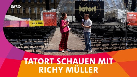 Festivalreporterin Cora Klausnitzer mit Tatort-Kommissar Richy Müller auf dem SWR Sommerfestival in Stuttgart.  (Foto: SWR, Markus Palmer)