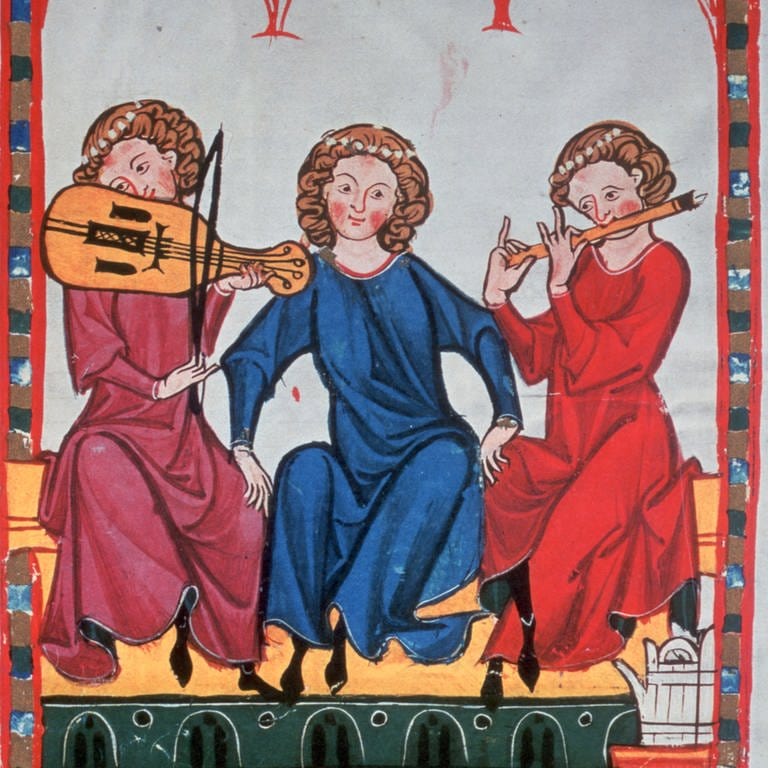 Miniatur "Der Kanzler" aus dem Codex Manesse, auch Heidelberger Liederhandschrift genannt. Der Grundstock des Codex wurde um 1300 in Zürich hergestellt. Zu sehen sind drei Personen – eine mit Streichinstrument, eine mit Flöte. (Foto: picture-alliance / Reportdienste, picture-alliance / /HIP | Art Media)