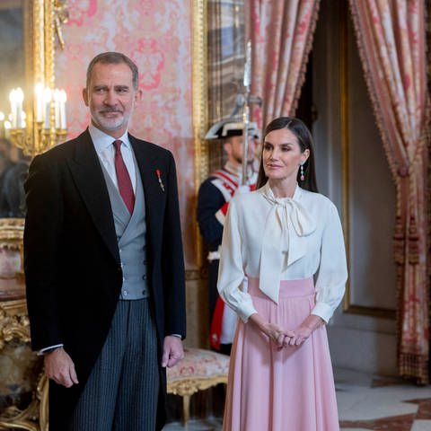 Die spanische Königin Letizia in einem langen, fließenden rosa Rock während des Empfangs im Königshaus. (Foto: picture-alliance / Reportdienste, Picture Alliance)