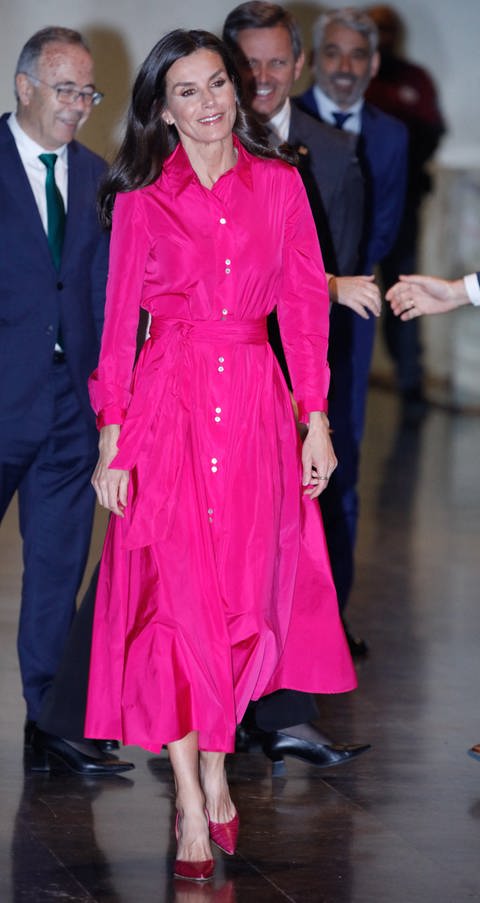 Königin Letizia von Spanien trägt ein knallpinkes Kleid und fällt damit unter dunklen Anzugträgern auf. Auch die Schuhe die spitzen Pumps sind pink. (Foto: picture-alliance / Reportdienste, picture alliance / abaca | Andrews Archie/ABACA)