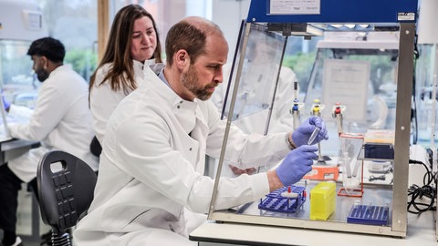 Der britische Prinz William führt eine Mini-DNA-Extraktion durch, während er an einem Arbeitstisch im Labor sitzt. Er besucht den Earthshot-Preis-Finalisten 2024, NatureMetrics, in dessen Hauptquartier in Guildford, England. (Foto: dpa Bildfunk, Picture Alliance) Der britische Prinz William führt eine Mini-DNA-Extraktion durch, während er an einem Arbeitstisch im Labor sitzt. Er besucht den Earthshot-Preis-Finalisten 2024, NatureMetrics, in dessen Hauptquartier in Guildford, England.