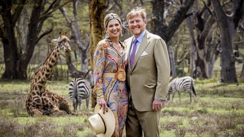 König Willem-Alexander und Königin Máxima stehen in der kenianischen Natur vor Giraffen und Zebras und lachen in die Kamera. (Foto: picture-alliance / Reportdienste, picture alliance / Royal Press Europe | Albert Nieboer) König Willem-Alexander und Königin Máxima stehen in der kenianischen Natur vor Giraffen und Zebras und lachen in die Kamera.