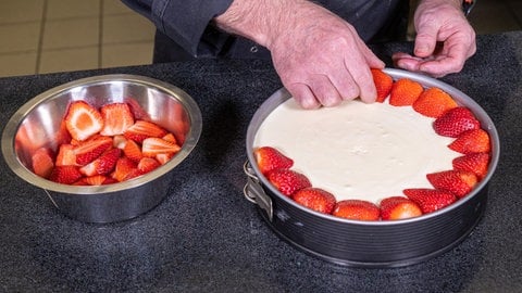 Die halbierten Erdbeeren werden ringsum auf der abgekühlten Joghurt-Sahne-Creme drapiert. (Foto: SWR, Corinna Holzer) Die halbierten Erdbeeren werden ringsum auf der abgekühlten Joghurt-Sahne-Creme drapiert.