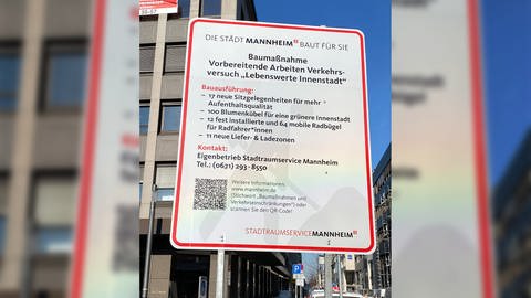 Die Stadt weist mit Schildern auf den Verkehrsversuch in der Mannheim Innenstadt hin.  (Foto: SWR)
