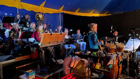 Mehrere Musiker sitzen innen im dunkelblauen Zirkuszelt mit unterschiedlichsten Instrumenten am Rand der Manege.