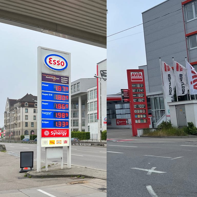 Unterschiedliche Preistafeln von Tankstellen: In Ulm sind die Benzinpreise am Mittwochmorgen an einigen Tankstellen gesunken. (Foto: SWR)