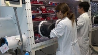 Zwei Forscher, ein Mann und eine Frau stehen an einem mit Argon gefüllten Kasten. Die Ulmer Batterieforschung arbeitet auch an neuartigen Akkus, etwa für E-Autos.