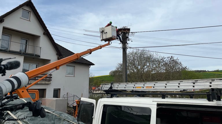 Der Energieversorger Pfalzwerke montiert auf dem Strommast in Herschweiler-Pettersheim eine Plattform für die Störche. 