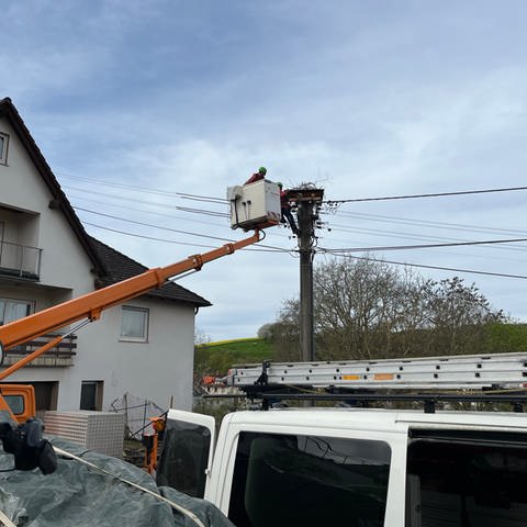 Der Energieversorger Pfalzwerke montiert auf dem Strommast in Herschweiler-Pettersheim eine Plattform für die Störche.  (Foto: SWR)