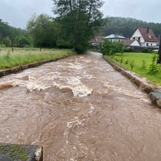 Der Fluss Wieslauter bei strömendem Regen.