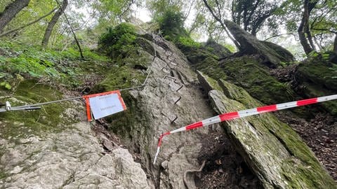 Ein Teil des Klettersteiges in Boppard ist mit rot weißem Flatterband abgesperrt, ein Schild warnt vor Hornissen. (Foto: SWR)