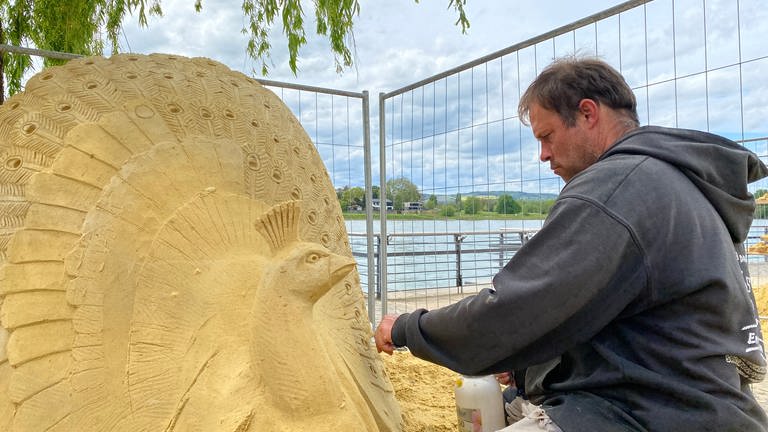 Ein Künstler arbeitet an einem Pfau aus Sand