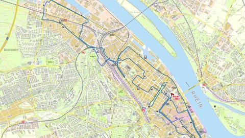 Eine Straßenkarte von Mainz, in die der Streckenverlauf des Gutenberg Halbmarathons als blaue Linie eingezeichnet ist. (Foto: motion events)