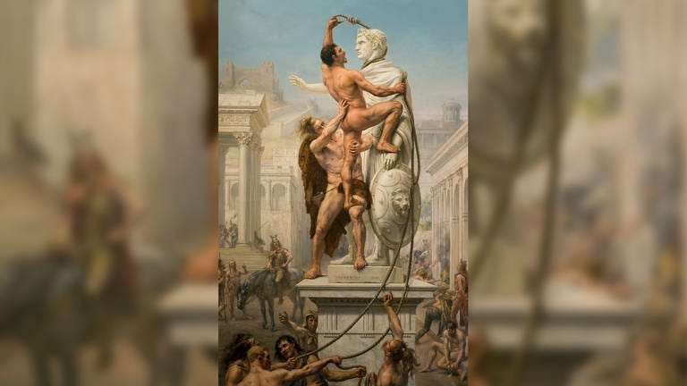 Das Stadtmuseum Simeonstift zeigt ein historisches Gemälde aus dem 19. Jahrhundert, das den Angriff der Barbaren auf Rom darstellt. (Foto: SWR)