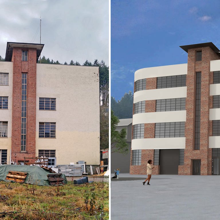 Bildmontage: bestehendes und zukünftiges Gebäude auf dem Romika-Areal in Gusterath (Foto: SWR, Bildmontage: SWR)
