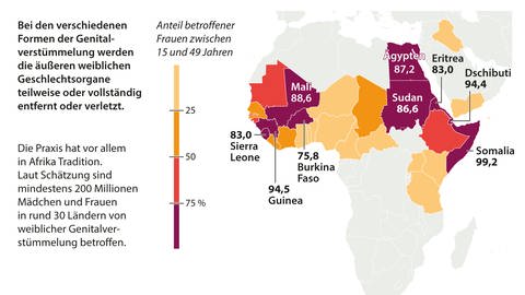 Verbreitung von weiblicher Genitalverstümmelung, Karte von Afrika mit farblich hervorgehobenen Ländern (Foto: picture-alliance / Reportdienste, Unicef (Mai 2022)) Verbreitung von weiblicher Genitalverstümmelung, Karte von Afrika mit farblich hervorgehobenen Ländern