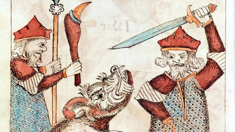 Fenriswolf: Illustration aus dem Codex Regius, einem altnordischen Manuskript aus dem späten 13. Jahrhundert