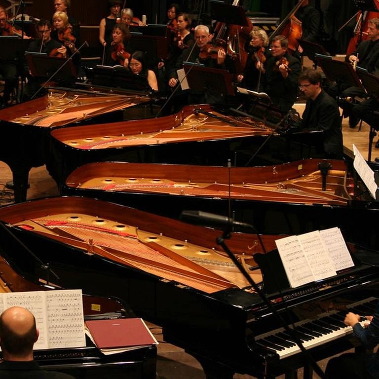 Musiker des SWR Sinfonieorchesters Baden-Baden und Freiburg sowie Solisten an sechs Flügeln bei einem Konzert