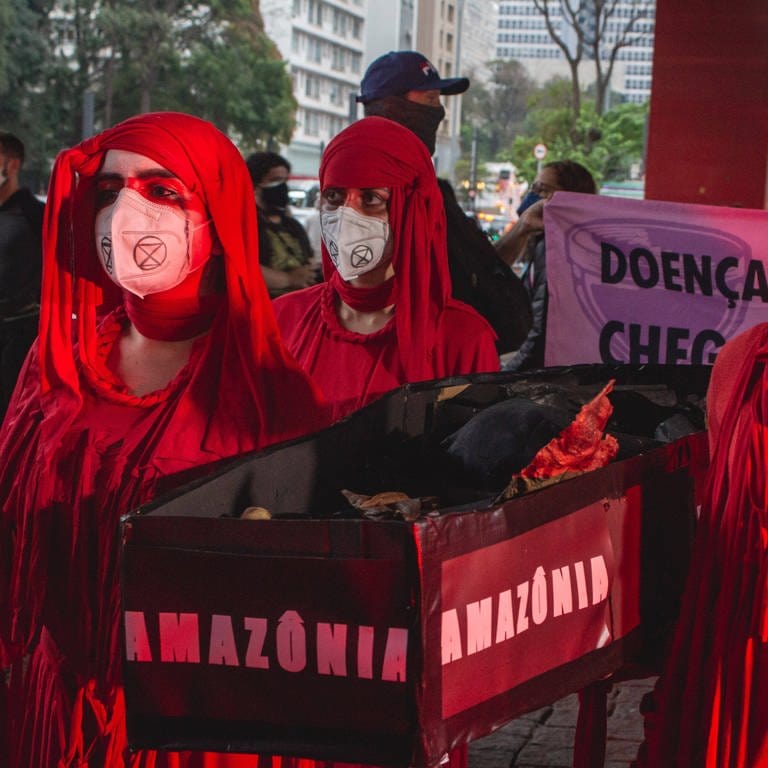 Demonstranten versammelten sich im September 2021 in São Paulo und forderten den Rücktritt von Präsident Jair Bolsonaro sowie die Konzentration auf Klimafragen und Umweltschutz. Die Menschen tragen einen Sarg mit Asche als Symbol für die Brände im Amazonas. (Foto: IMAGO, IMAGO / Fotoarena)